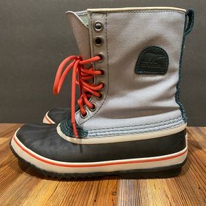 Sorel Gray and Black Winter Boots with Red Laces